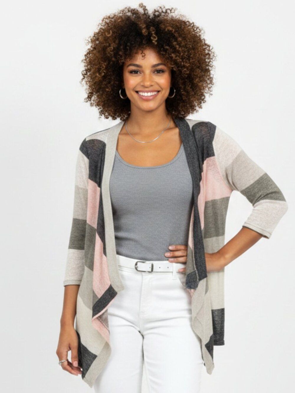 Flamingo Urban Gray Pink & White Striped Long Sleeve Drape Neck Cardigan S